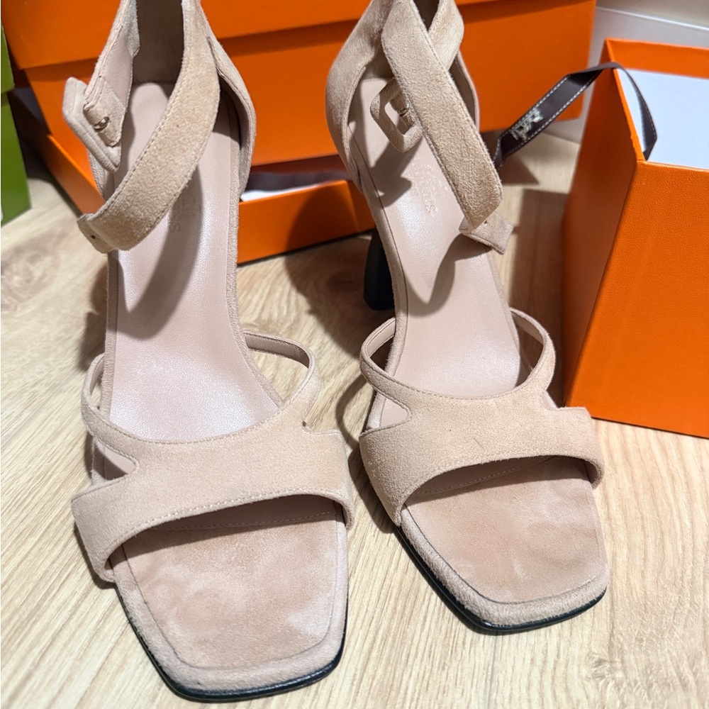 Hermes Beige Suede Strap Heels